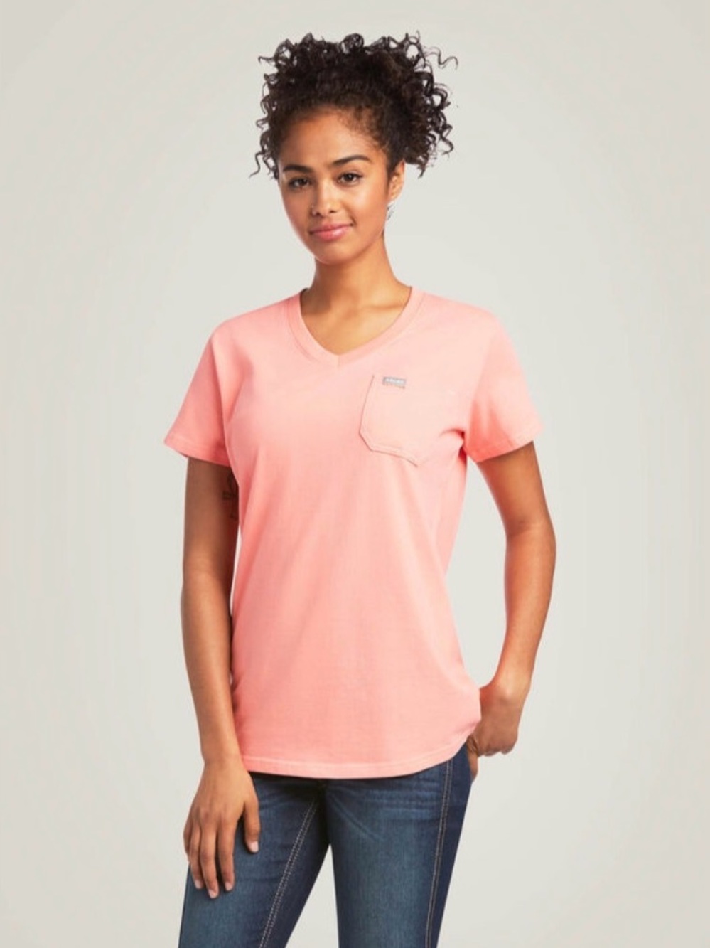 Ariat Rebar Cotton Strong V-Neck T-Shirt Coral Large
